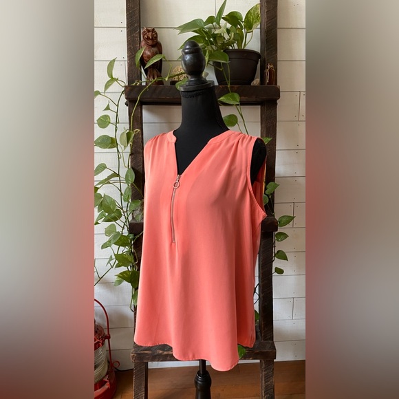 Apt. 9: Peach Pink V Neck Blouse with Zipper Opening - Picture 5 of 17